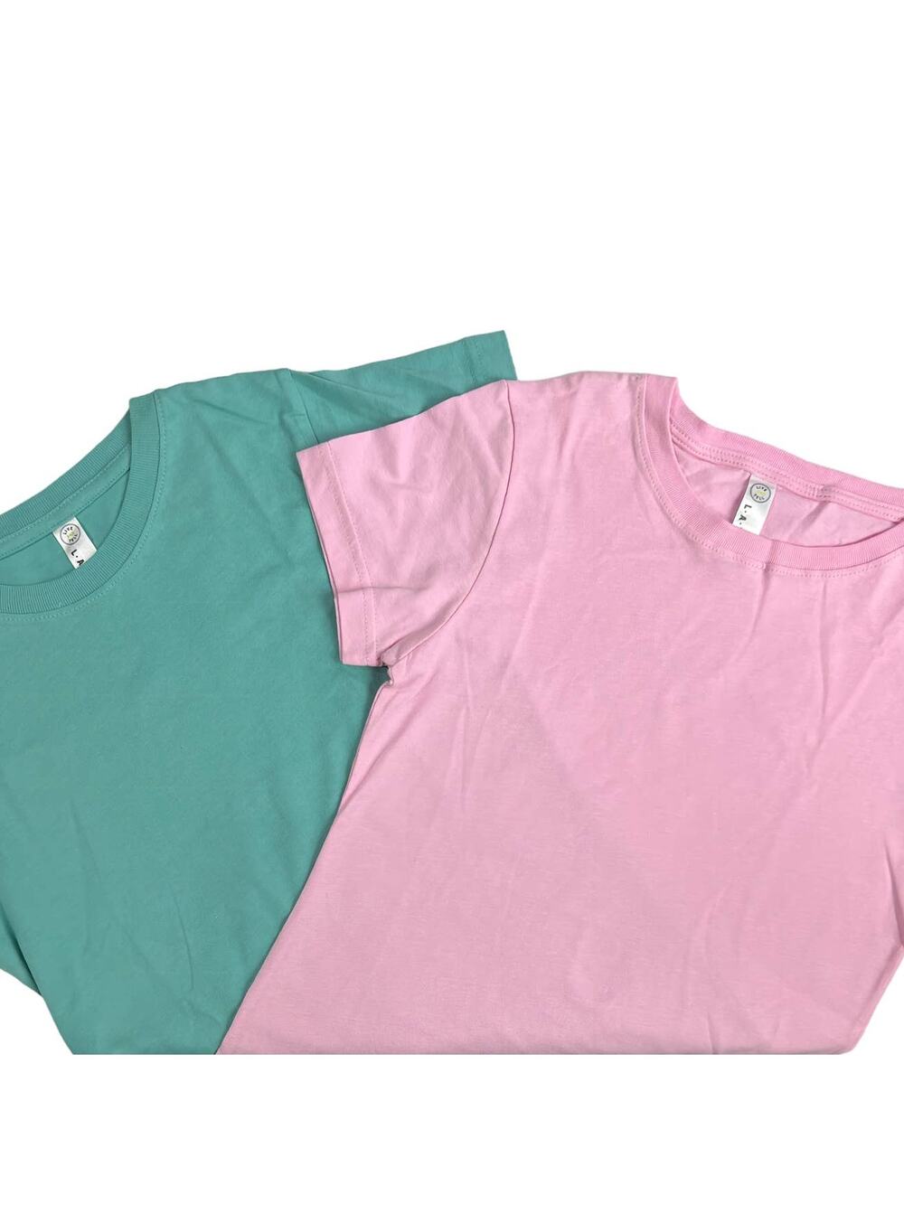 LAT Girls Fine Jersey T-Shirt Top Short Sleeve Crew Large Pink Green Bundle of 2